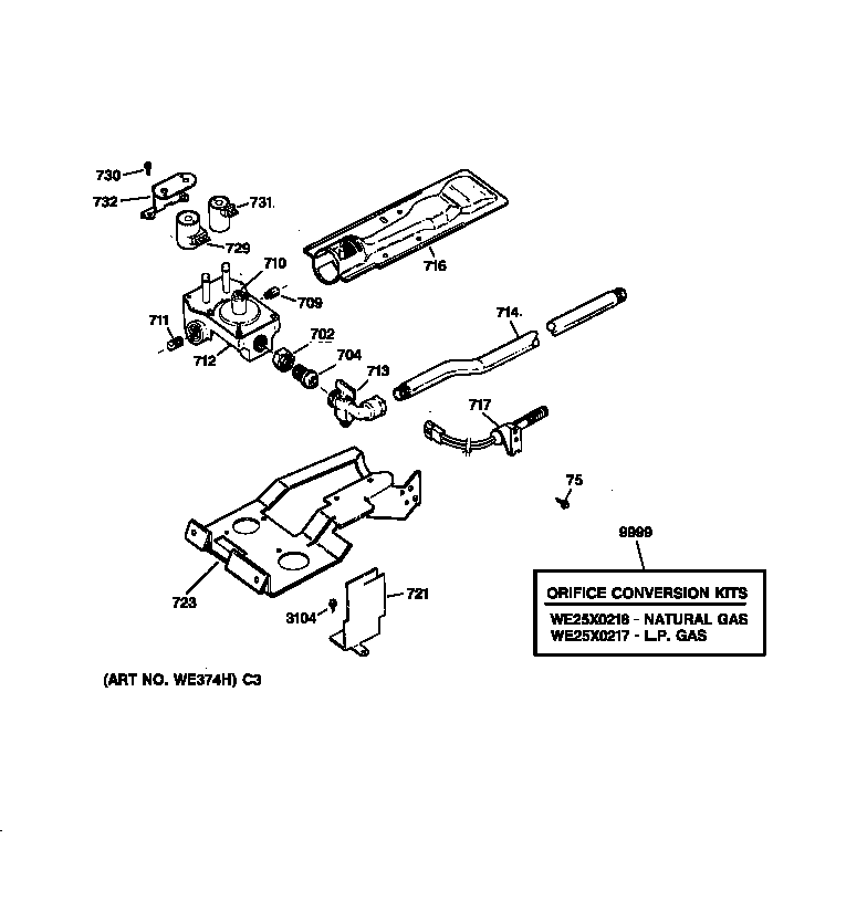 GE DBXR453GV0AA gas valve & burner assembly diagram