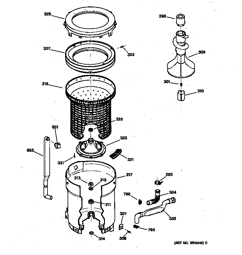 GE WKSR2100TBAA tub, basket & agitator diagram