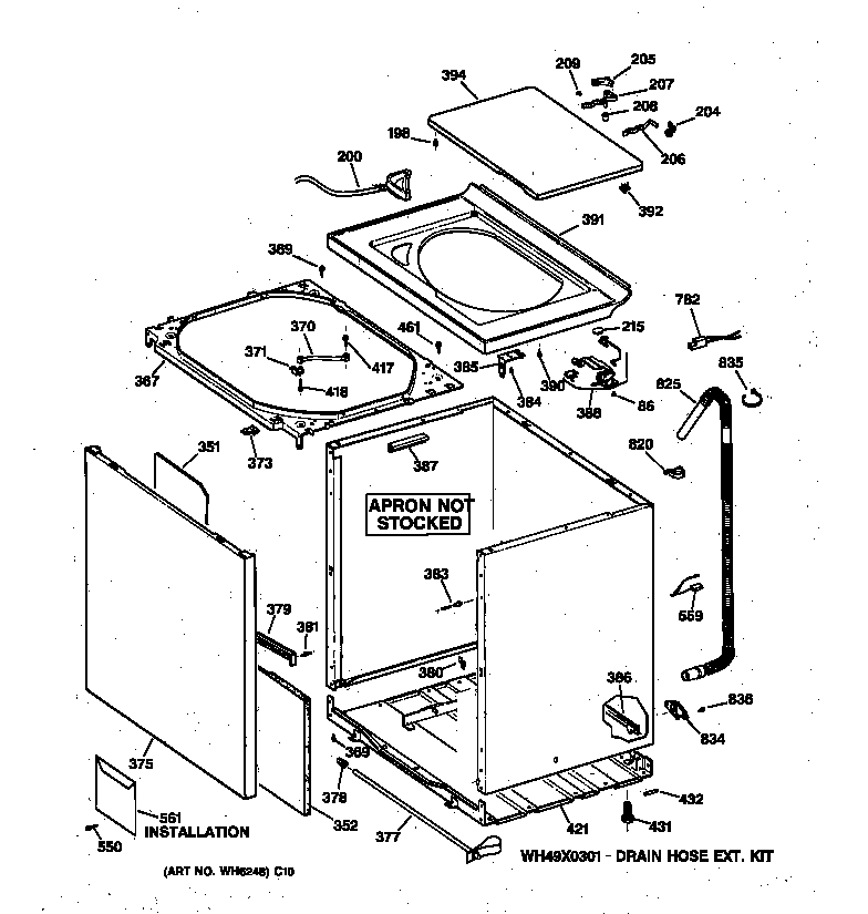 GE WCSR4110TBAA cabinet, cover & front panel diagram