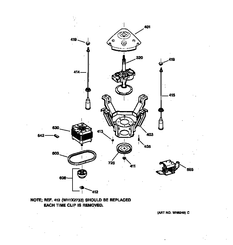GE WCSR4110TBAA suspension, pump & drive components diagram
