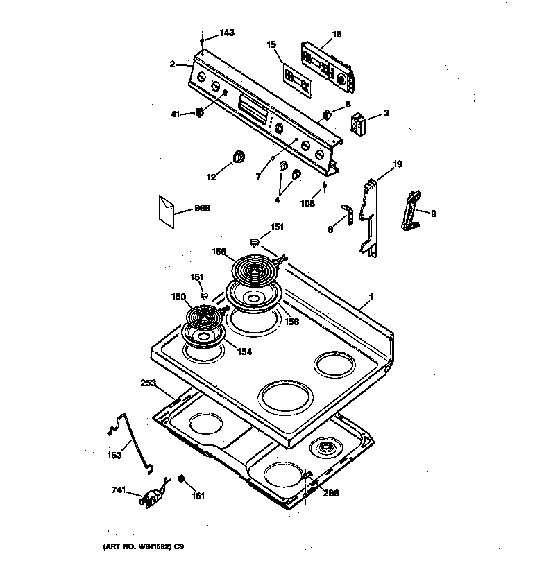 GE JBP24DY4 control panel & cooktop diagram