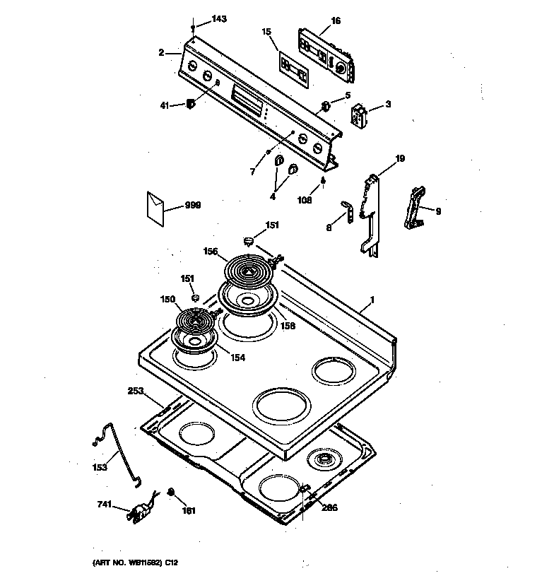 GE JBP48AA4 control panel & cooktop diagram