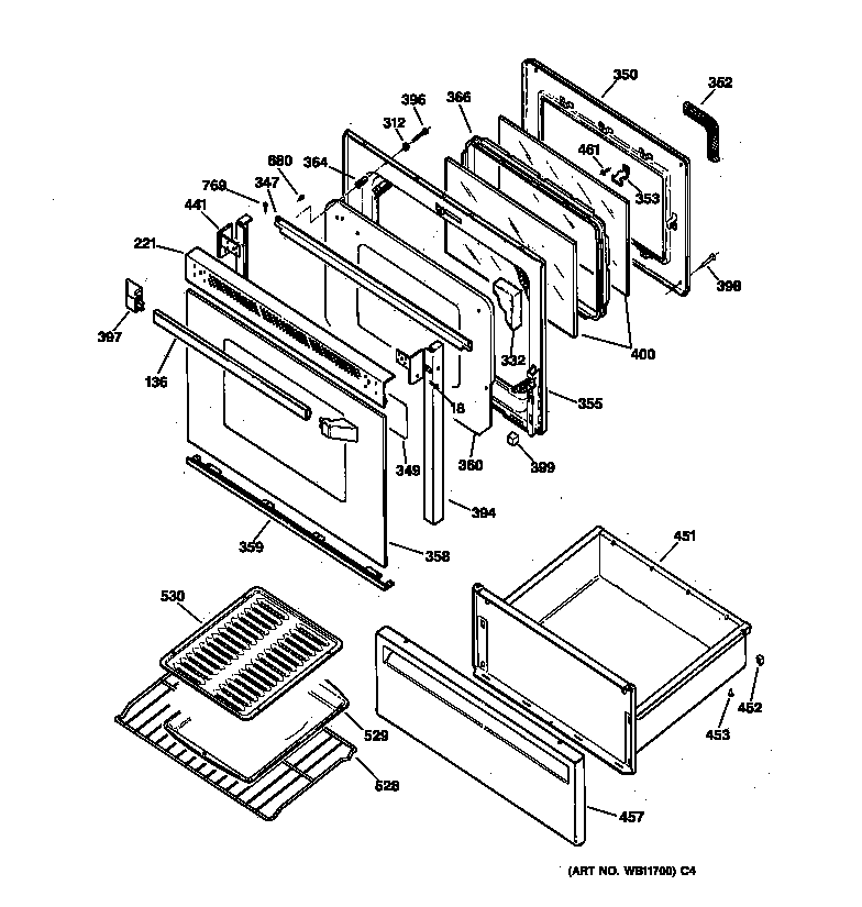 GE JBP48AA4 door & drawer parts diagram