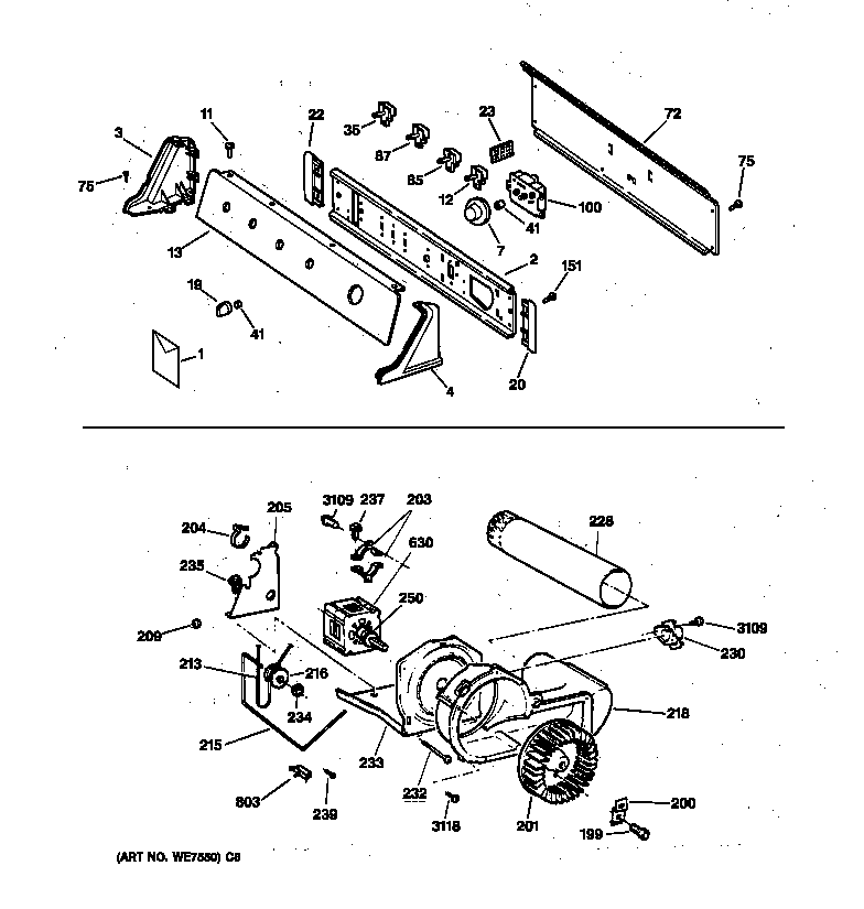 GE DDSR475ET2WW backsplash, blower & drive assembly diagram