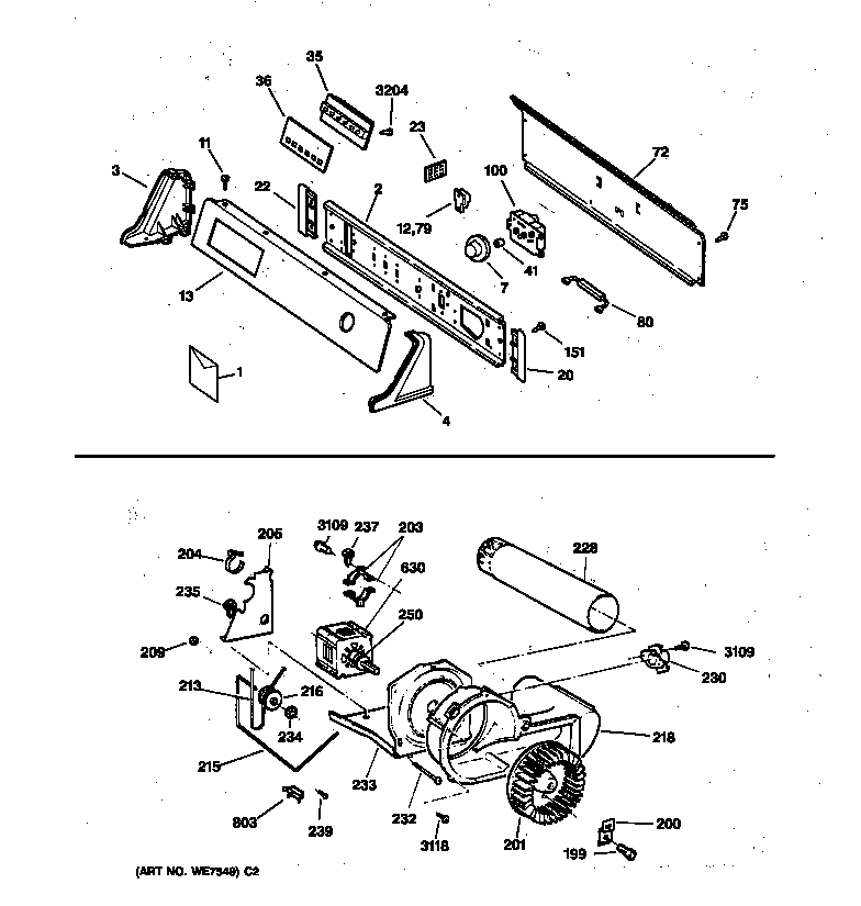 GE DPXQ473ET2AA backsplash, blower & drive assembly diagram