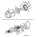 GE DWLR473ET0WW drum, heater asem., blower & drive assembly diagram