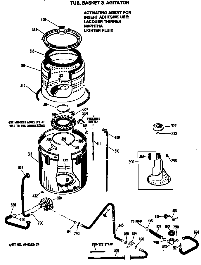 GE WWA7600SALAA tub, basket & agitator diagram