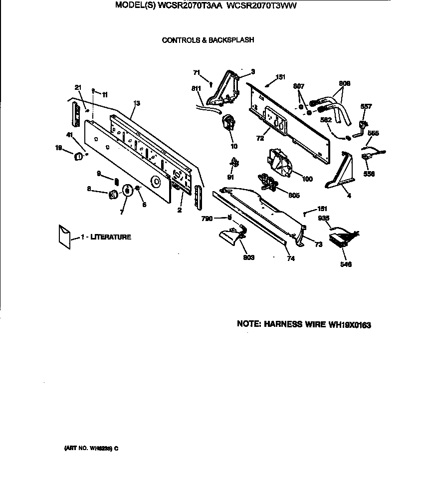 GE WCSR2070T3AA controls & backsplash diagram