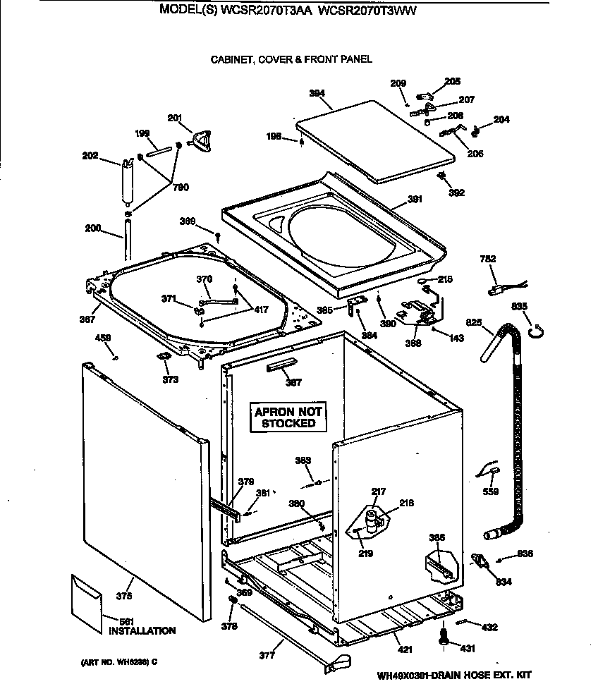 GE WCSR2070T3AA cabinet, cover & front panel diagram