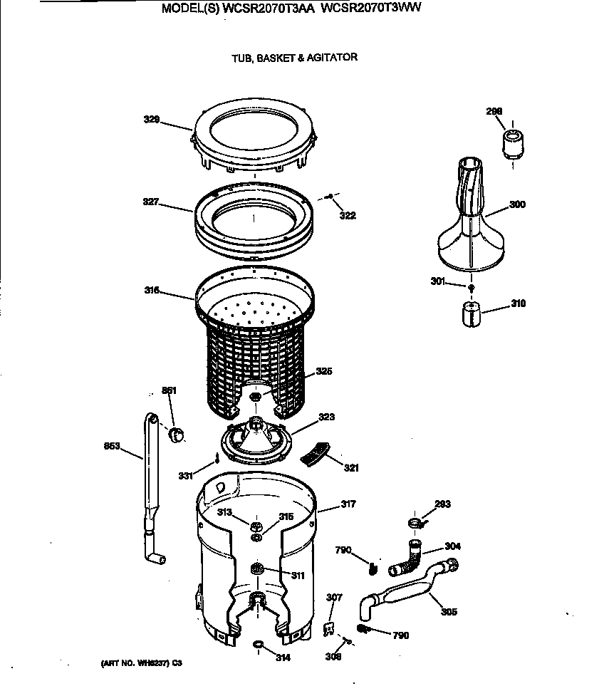 GE WCSR2070T3AA tub, basket & agitator diagram