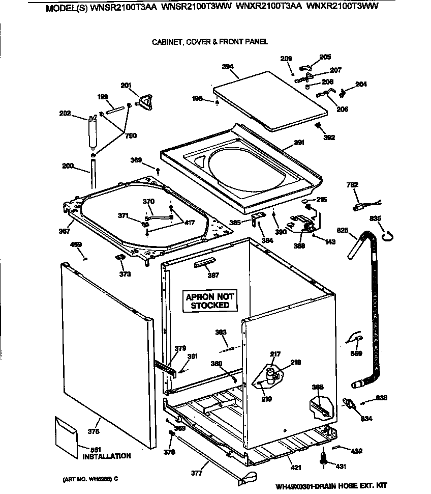 GE WNSR2100T3AA cabinet, cover & front panel diagram