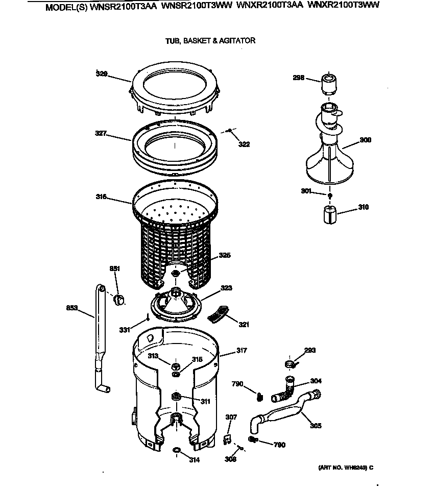 GE WNSR2100T3AA tub, basket & agitator diagram