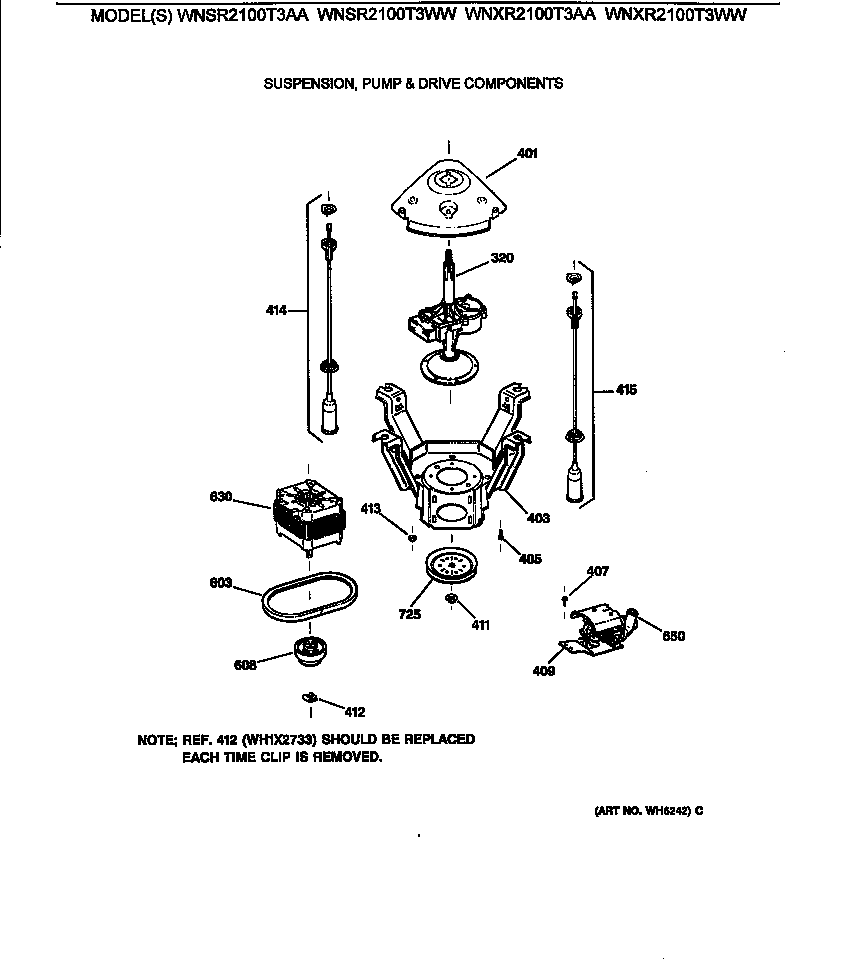 GE WNSR2100T3AA suspension, pump & drive components diagram