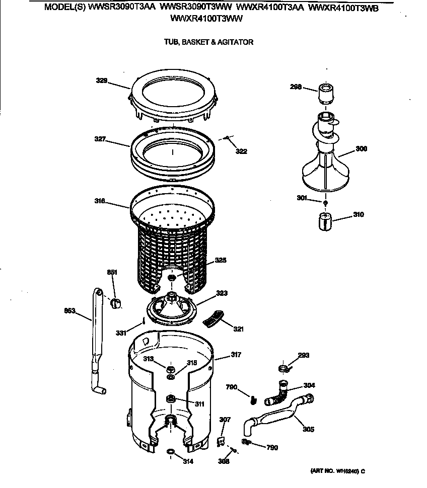 GE WWSR3090T3WW tub, basket & agitator diagram