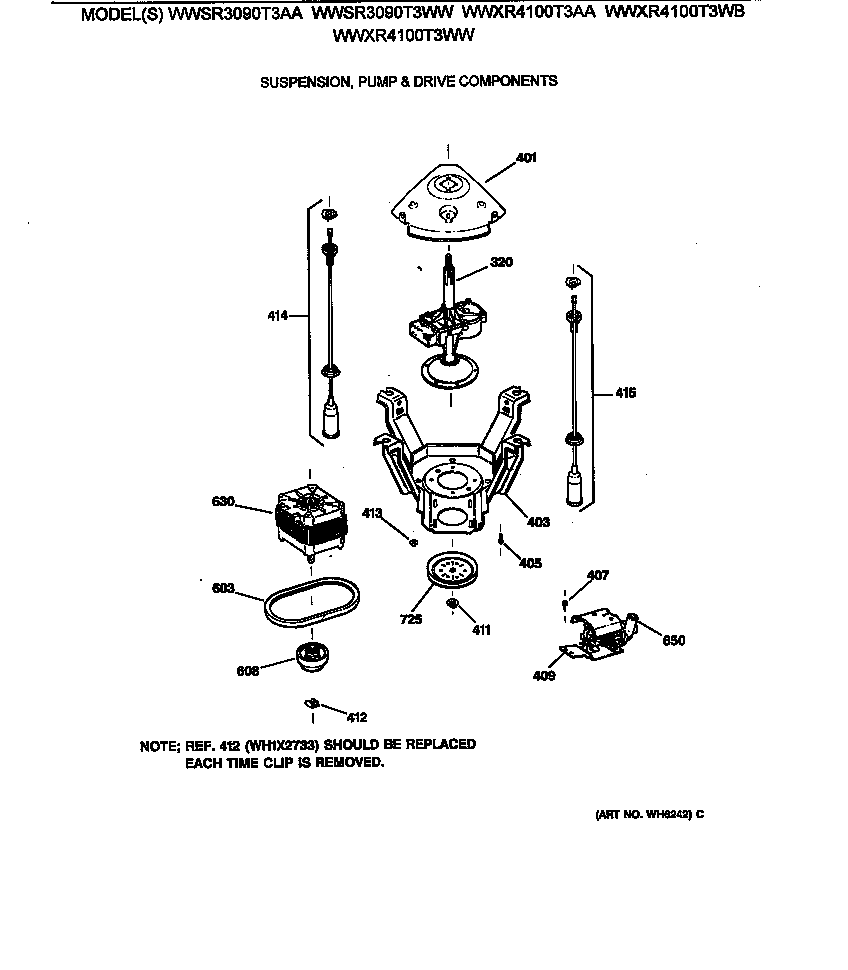 GE WWSR3090T3WW suspension, pump & drive components diagram