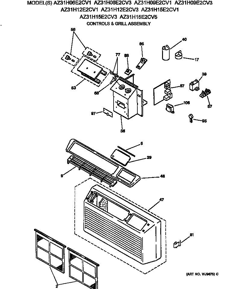 GE AZ31H15E2CV5 controls & grill assembly diagram