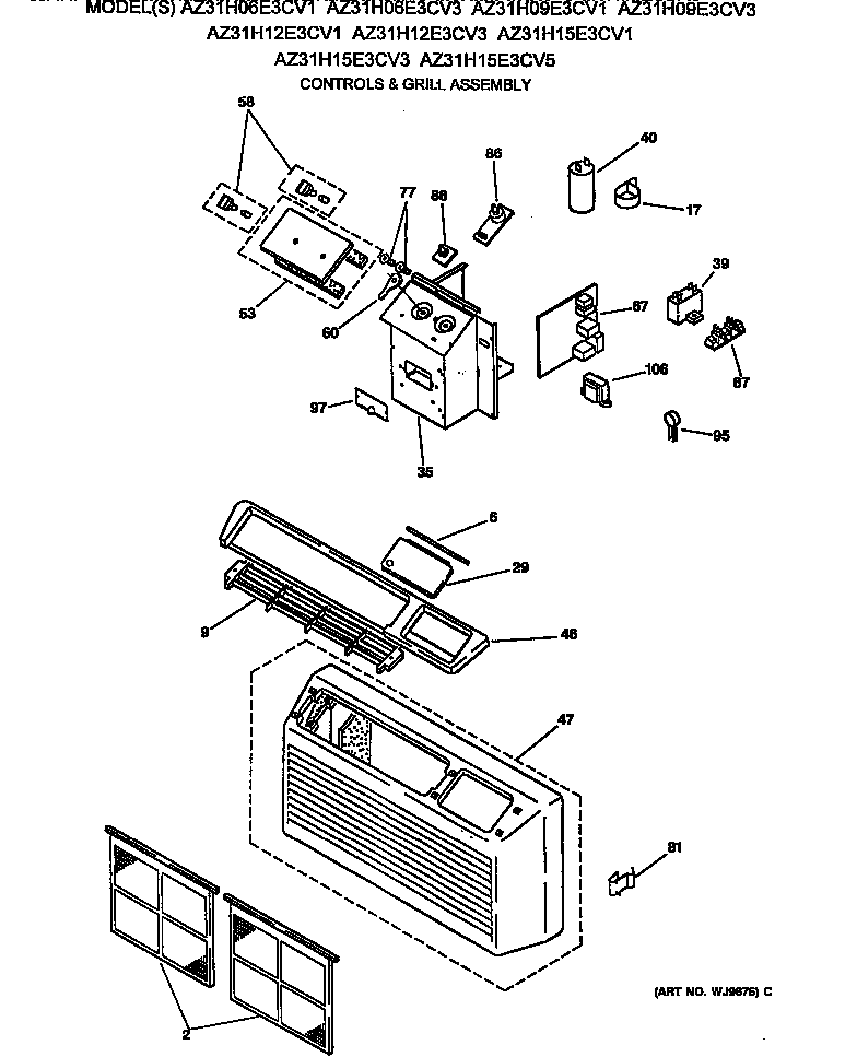 GE AZ31H12E3CV3 controls & grill assembly diagram