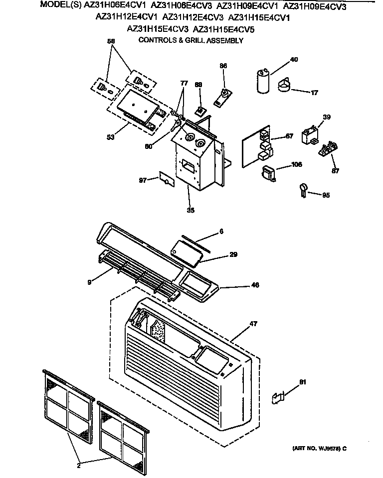 GE AZ31H15E4CV3 controls & grill assembly diagram