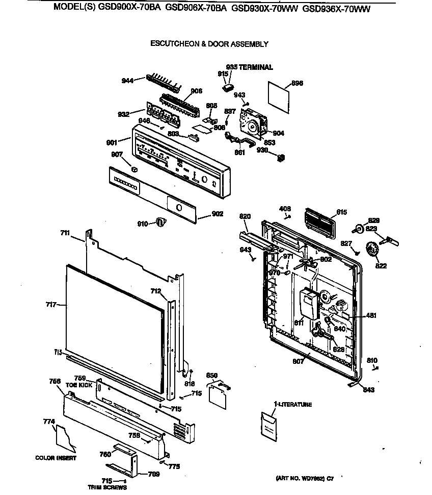 GE GSD906X-70BA escutcheon & door assembly diagram