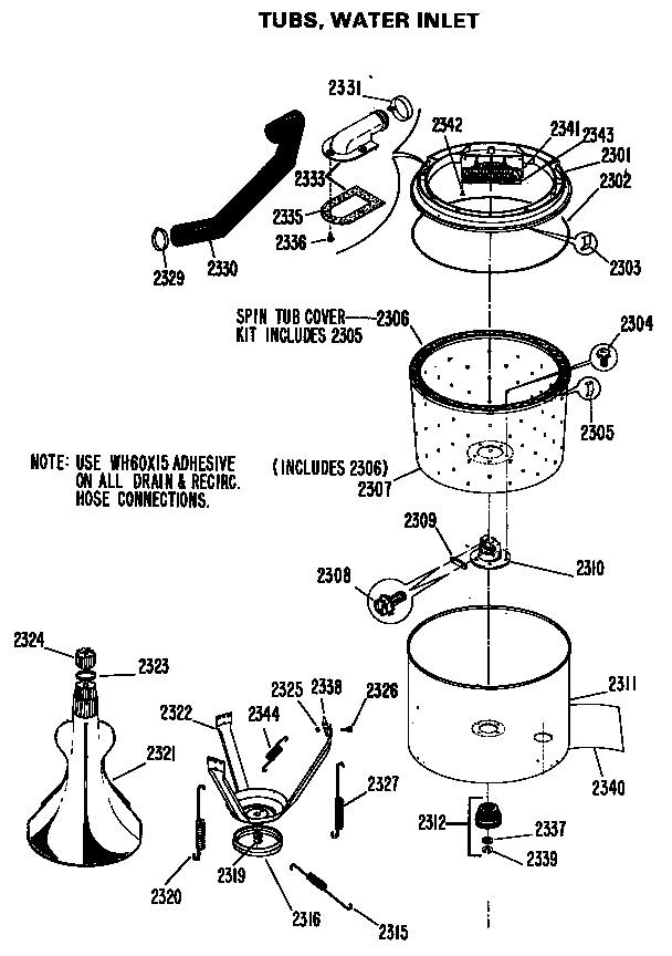 GE WWP1160BAW tubs, water inlet diagram