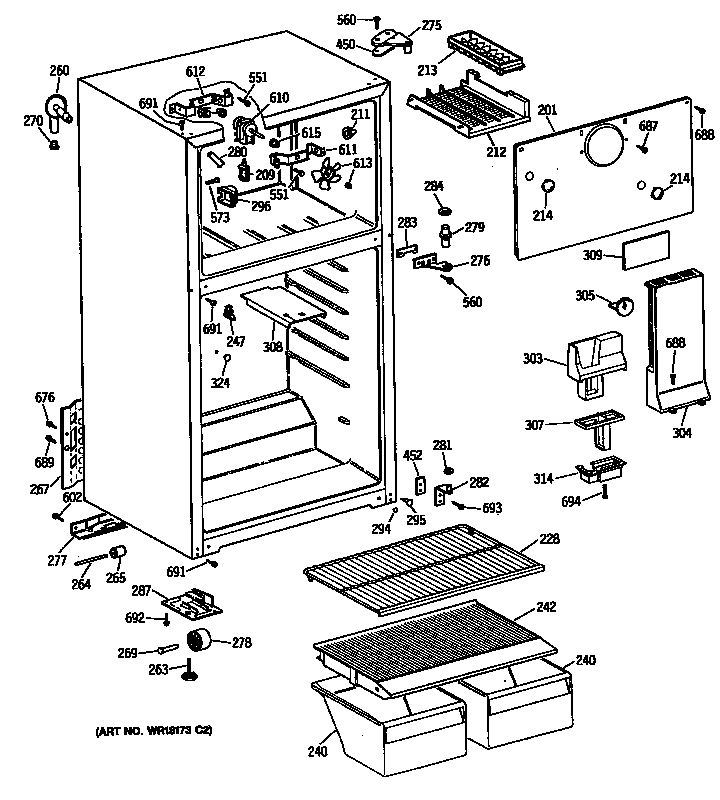 GE TBE14SATBRWH cabinet/shelves diagram