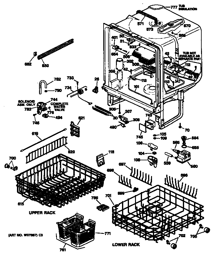 GE GSD1920T65BB tub assembly/racks diagram
