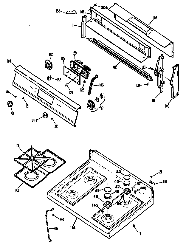 GE JGBP32WES3 control panel/cooktop diagram