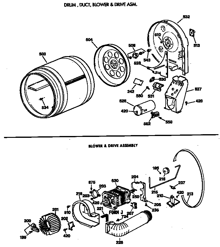 GE DVLR223GT0WW drum, duct, blowr & drive asm. diagram
