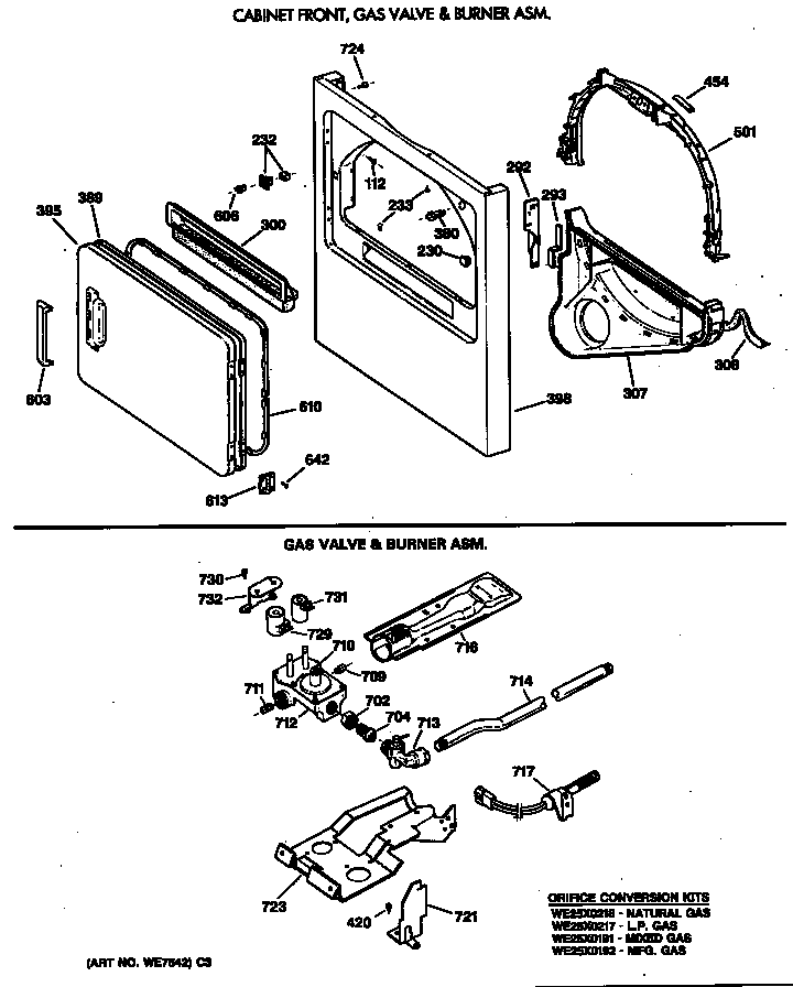 GE DVLR223GT0WW cabinet front, gas valve & burner asm. diagram