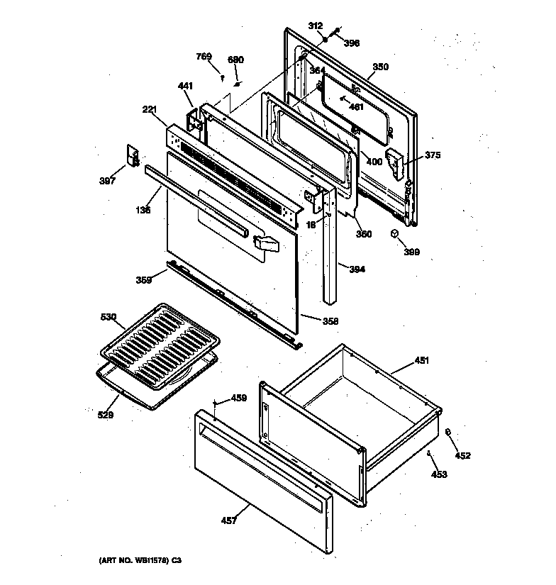 GE JBS27WW1 door & drawer parts diagram