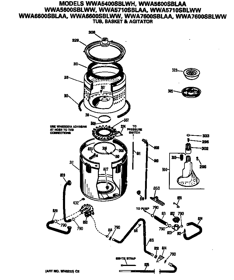 GE WWA6600SBLWW tub, basket & agitator diagram