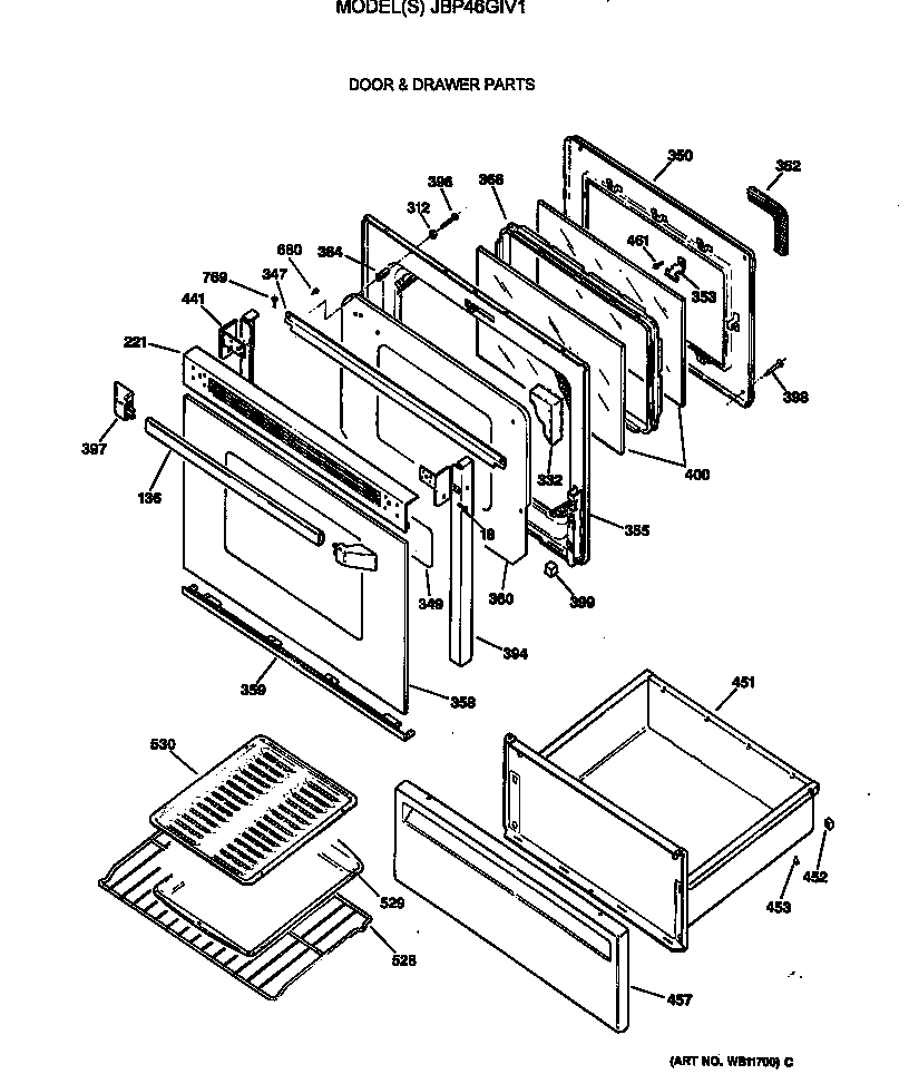 GE JBP46GIV1 door & drawer parts diagram