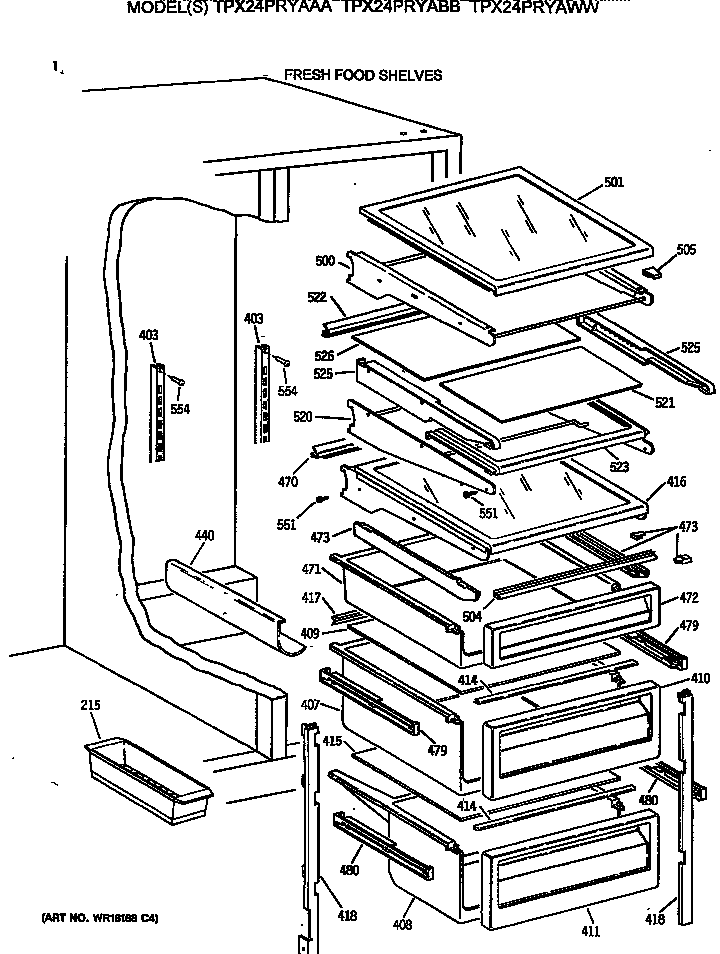 GE TPX24PRYAWW fresh food shelves diagram