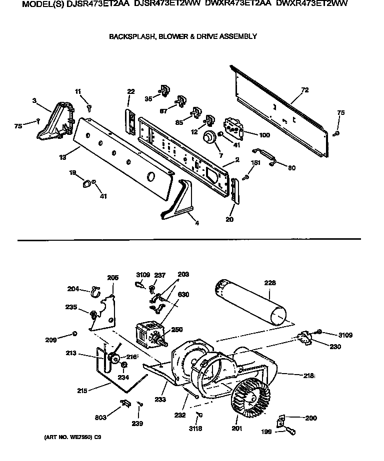 GE DWXR473ET2AA backsplash, blower & drive assembly diagram