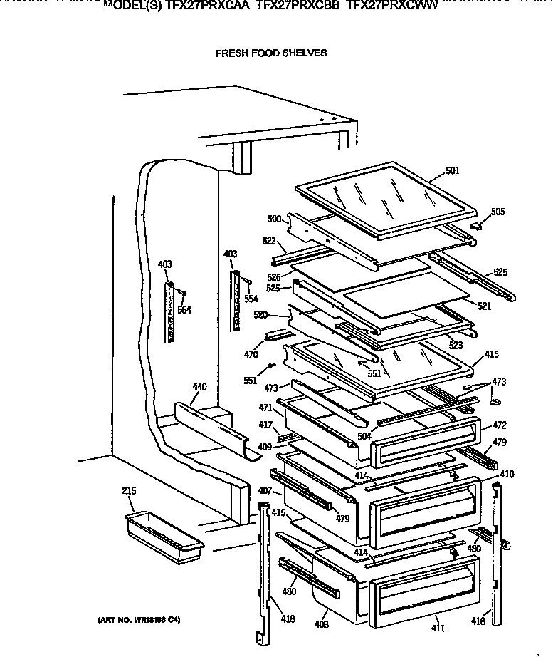 GE TFX27PRXCBB fresh food shelves diagram
