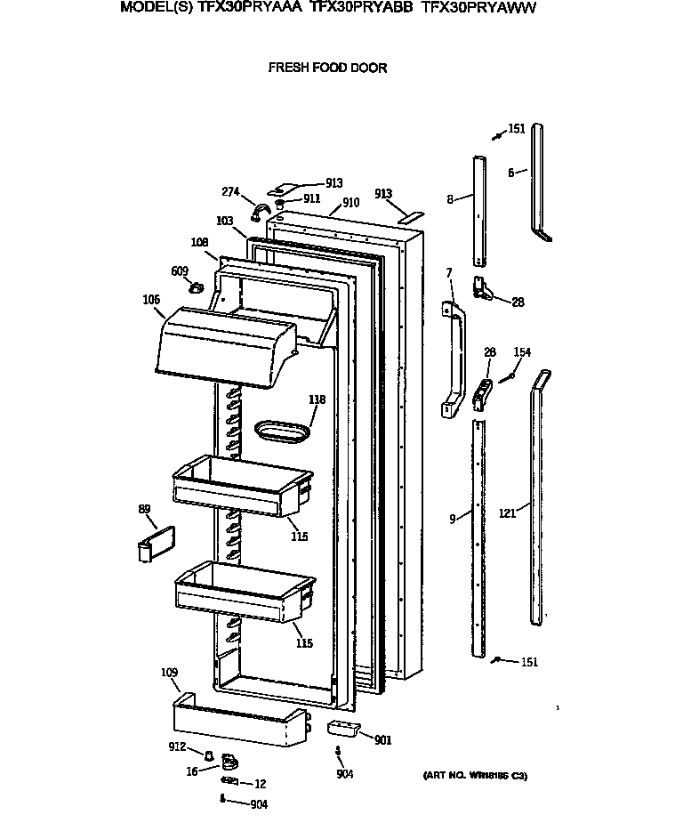 GE TFX30PRYAWW fresh food door diagram