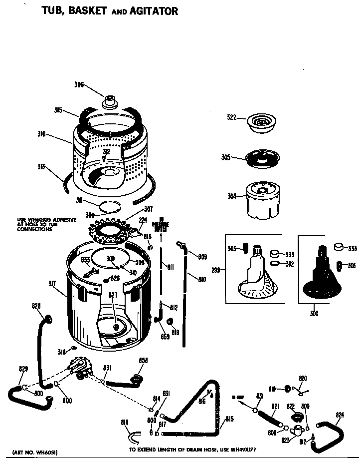 GE WWA5610BAL tub, basket and agitator diagram
