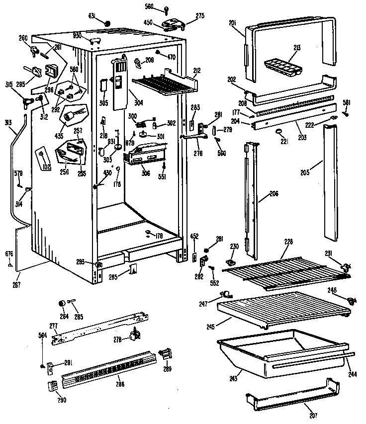 GE TBF16XJDR cabinet/shelves diagram