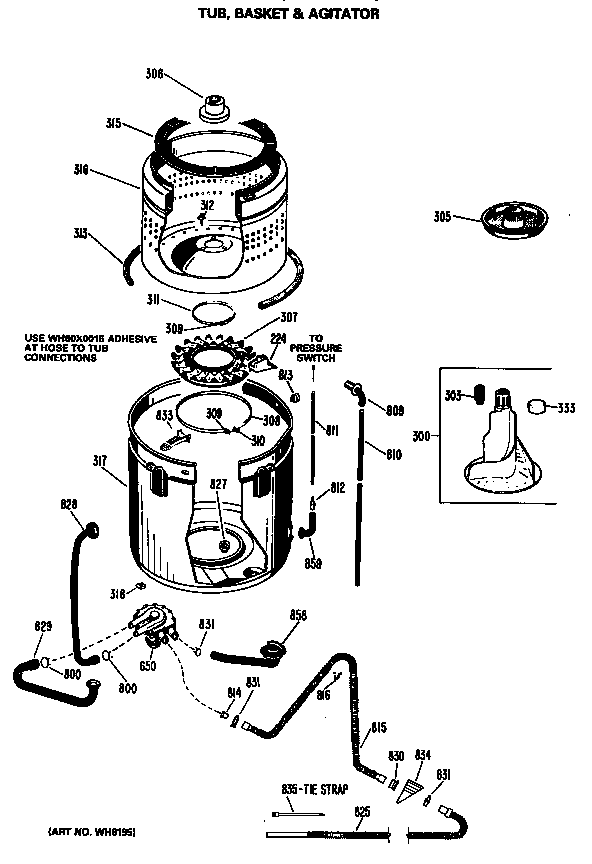 GE WWA5600GBL tub, basket & agitator diagram