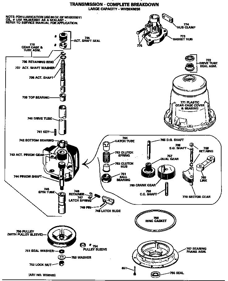 GE WWA5600GBL transmission - complete breakdown diagram