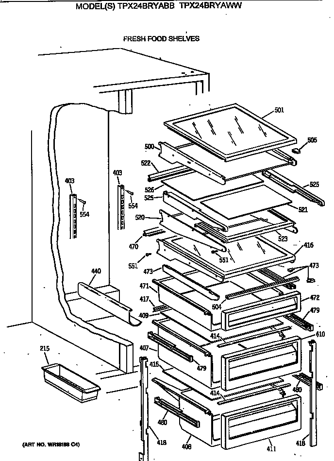 GE TPX24BRYABB fresh food shelves diagram