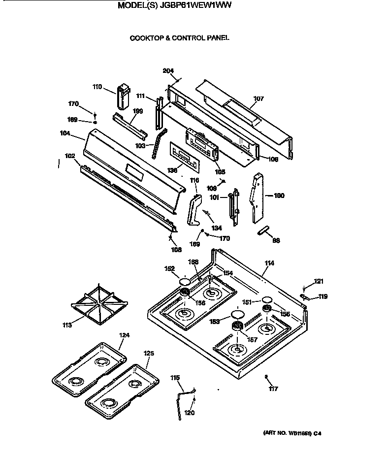 GE JGBP61WEW1WW cooktop & control panel diagram