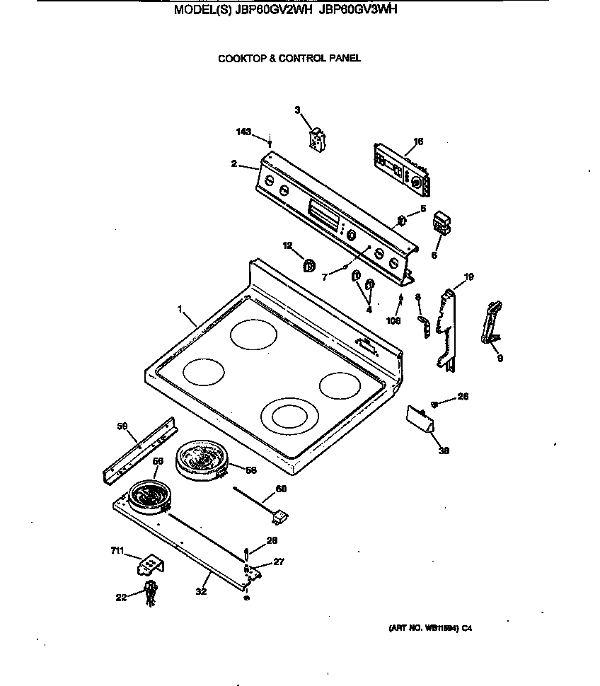 GE JBP60GV3WH cooktop & control panel diagram
