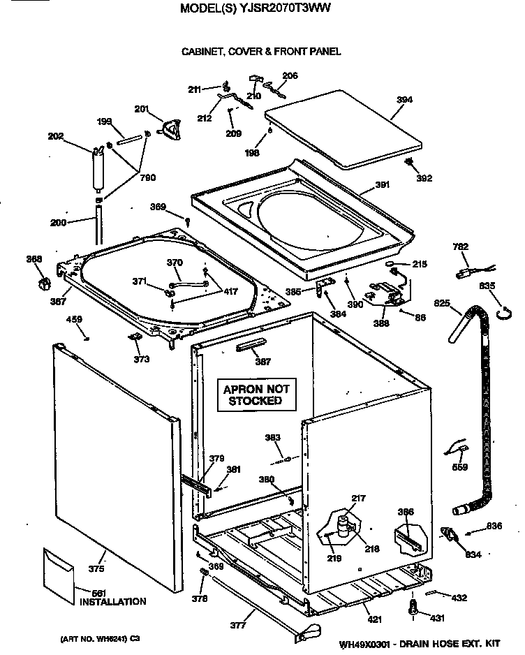 GE YJSR2070T3WW cabinet, cover & front panel diagram