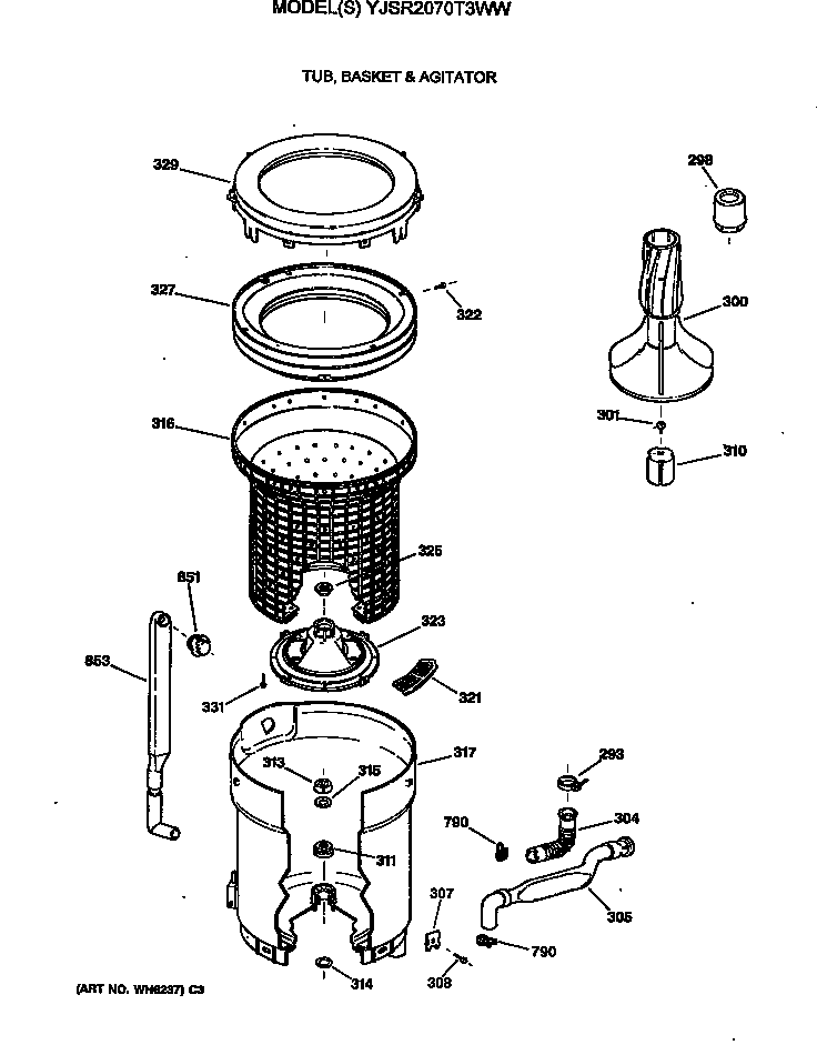 GE YJSR2070T3WW tub, basket & agitator diagram