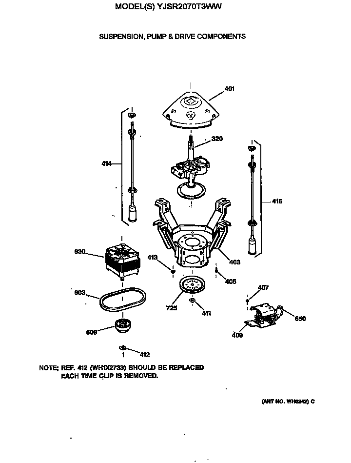 GE YJSR2070T3WW suspension, pump & drive components diagram