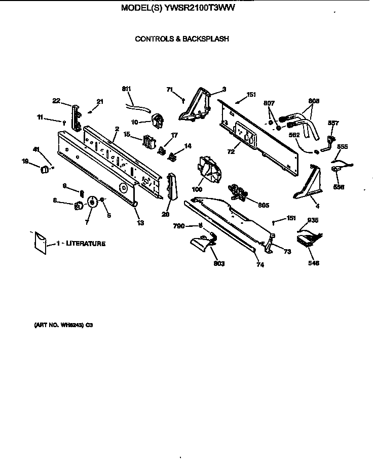 GE YWSR2100T3WW controls & backsplash diagram