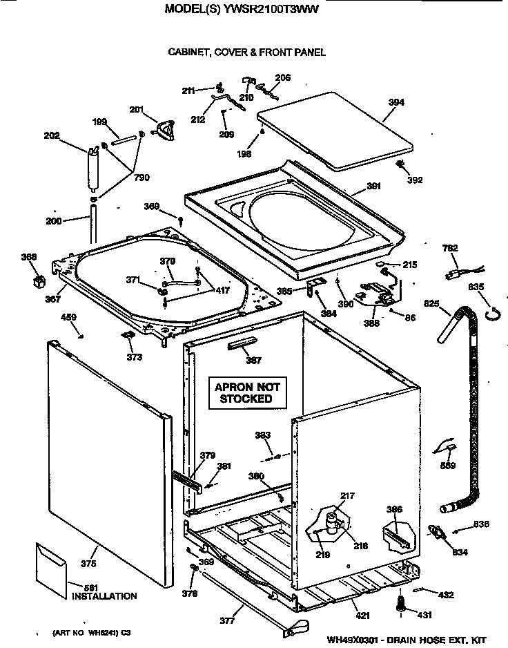 GE YWSR2100T3WW cabinet, cover & front panel diagram