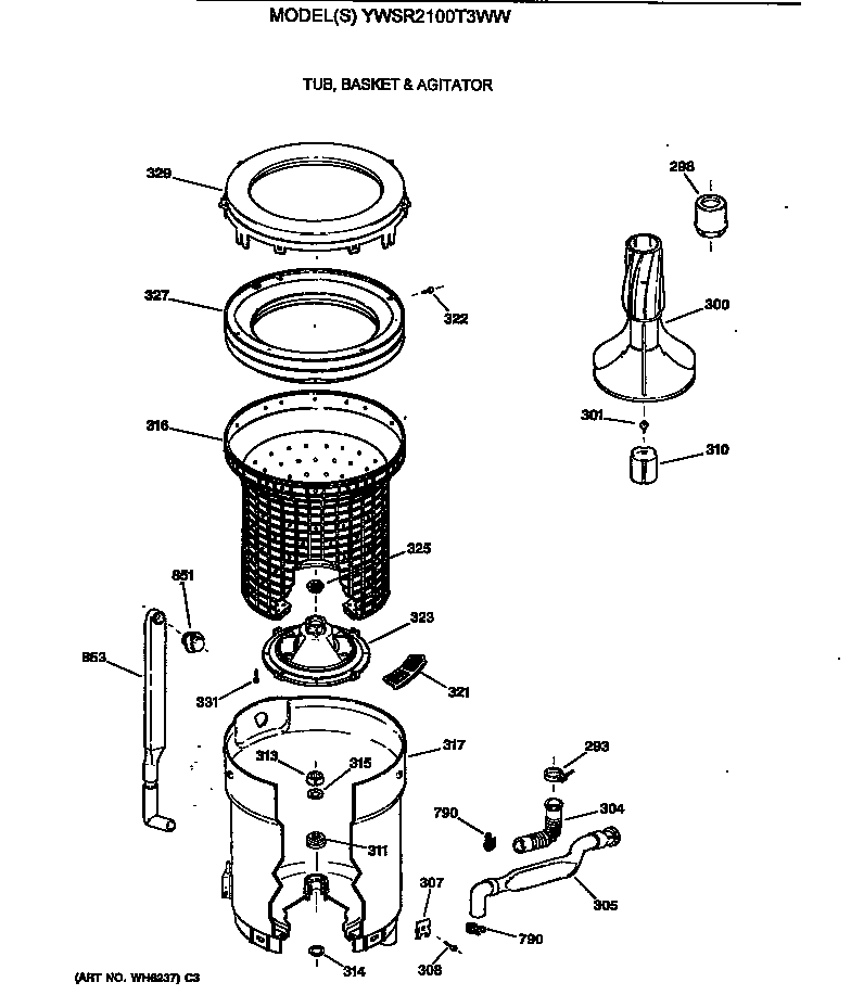 GE YWSR2100T3WW tub, basket & agitator diagram