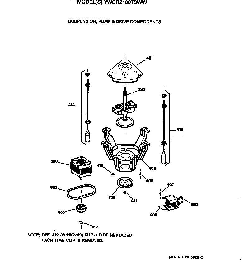 GE YWSR2100T3WW suspension, pump & drive components diagram